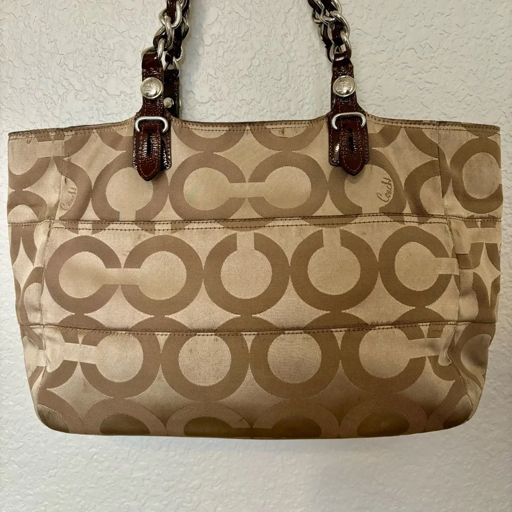 Coach Canvas Leather Tote Madison Tribeca Op Art Small Gold Tan Brown Pink Satin - Picture 8 of 15
